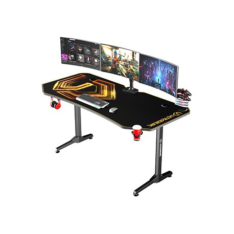 ULTRADESK Biurko dla gracza FRAG XXL GOLD, 160 x 75 cm, 75 cm, uchwyty na słuchawki i napoje, z podkładką XXL na cały pulpit