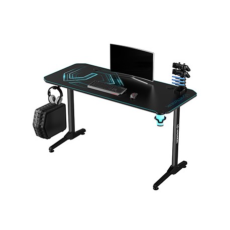 ULTRADESK Biurko dla gracza FRAG - BLUE V3, 140x60 cm, 76 cm, z podkładką pod mysz, uchwyt na słuchawki i napój