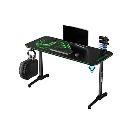 ULTRADESK Biurko dla gracza FRAG - GREEN V3, 140x60 cm, 76 cm, z podkładką pod mysz, uchwyt na słuchawki i napój