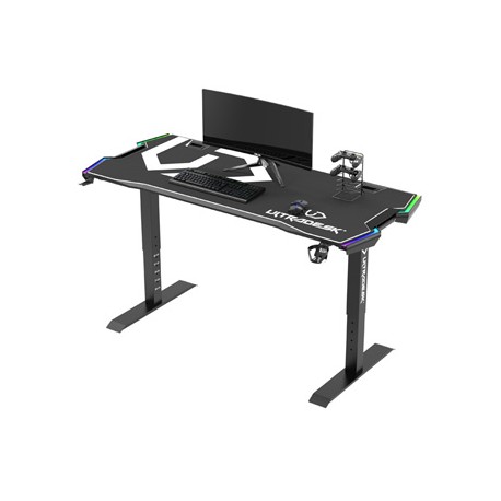 ULTRADESK Biurko dla gracza Force - Czarny, 166x70 cm, 66-86 cm, 5 poziomów wysokości, z podkładką pod mysz XXL, podświetlenie